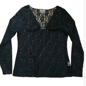 Cowgirl Up Womans Black Lace Long Sleeve See‎ Thru Top with Sequins Size Large